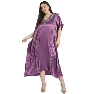 Gypsie Blu Plus Size Satin Embroidery Caftan Dress Kimono Sleeve Maxi Dresses
